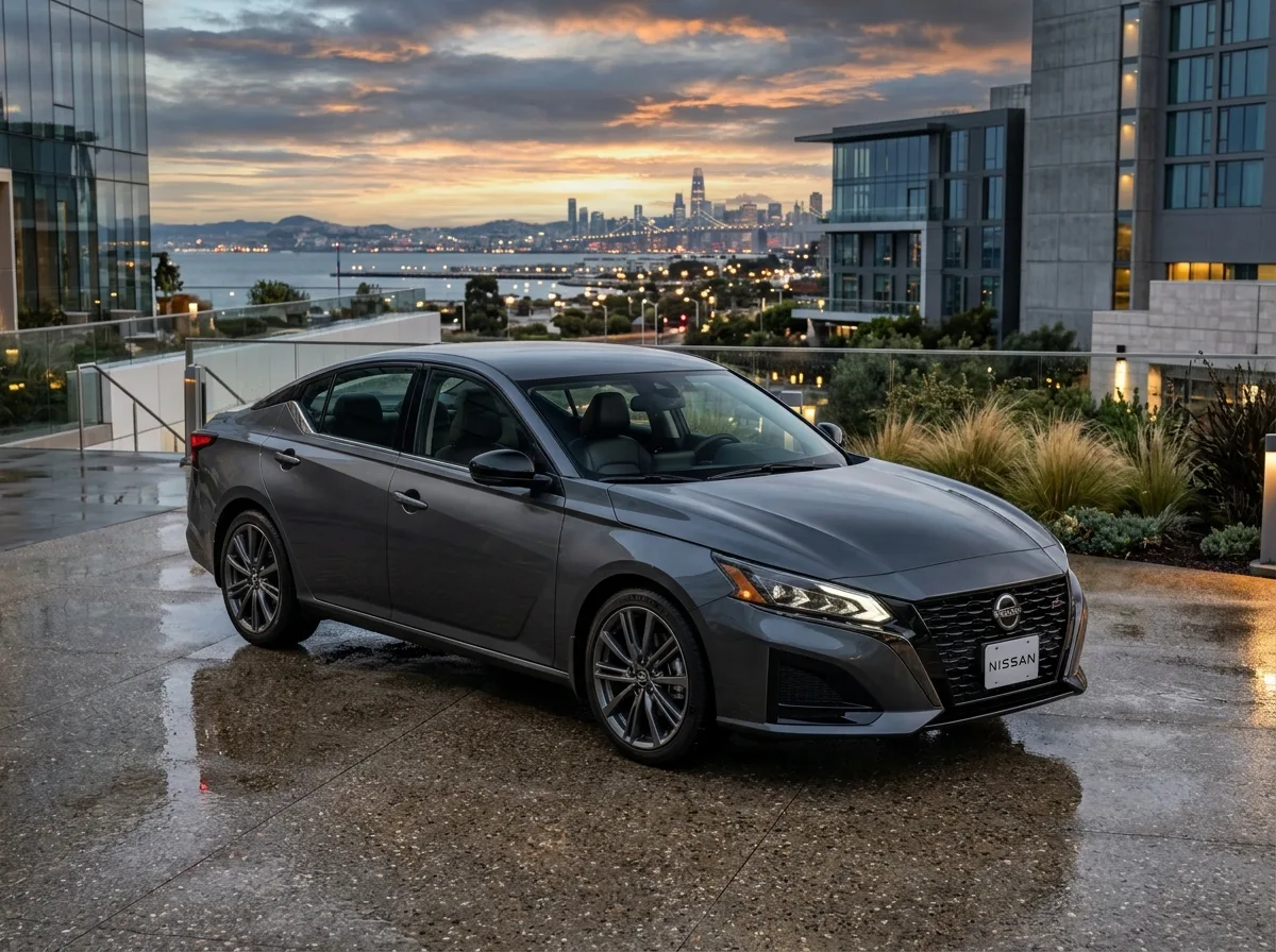 Full-size sedan Nissan Altima dark charcoal, front three-quarter angle, upscale automotive photography