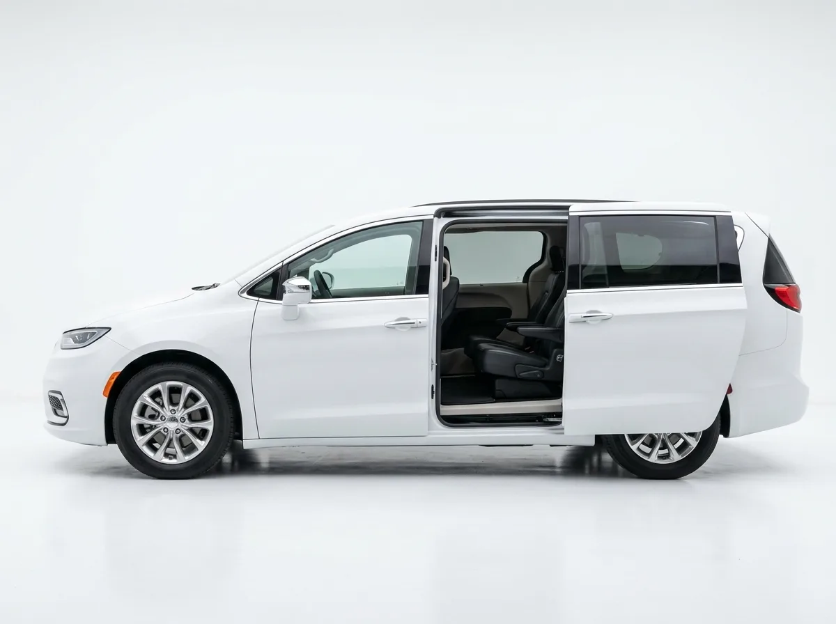 Minivan Chrysler Pacifica white, family vehicle, side view with sliding doors open, clean white background