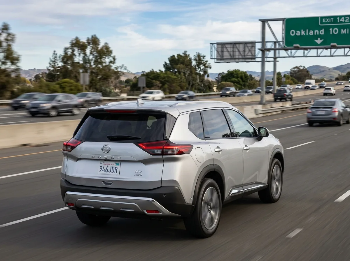 Compact SUV Nissan Rogue silver metallic, dynamic three-quarter rear view, highway background
