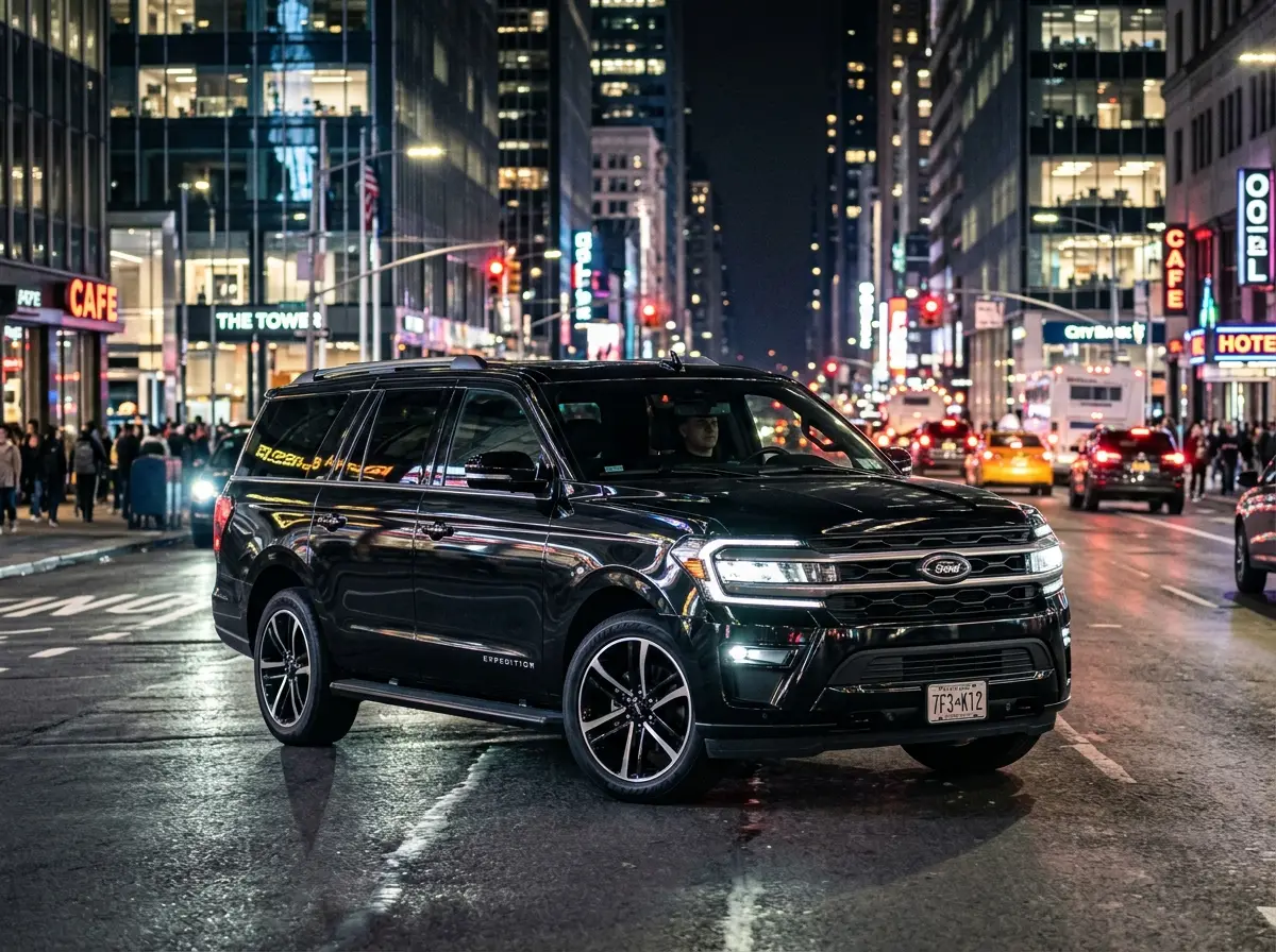 Full-size SUV Ford Expedition black, imposing front three-quarter view, city backdrop at night
