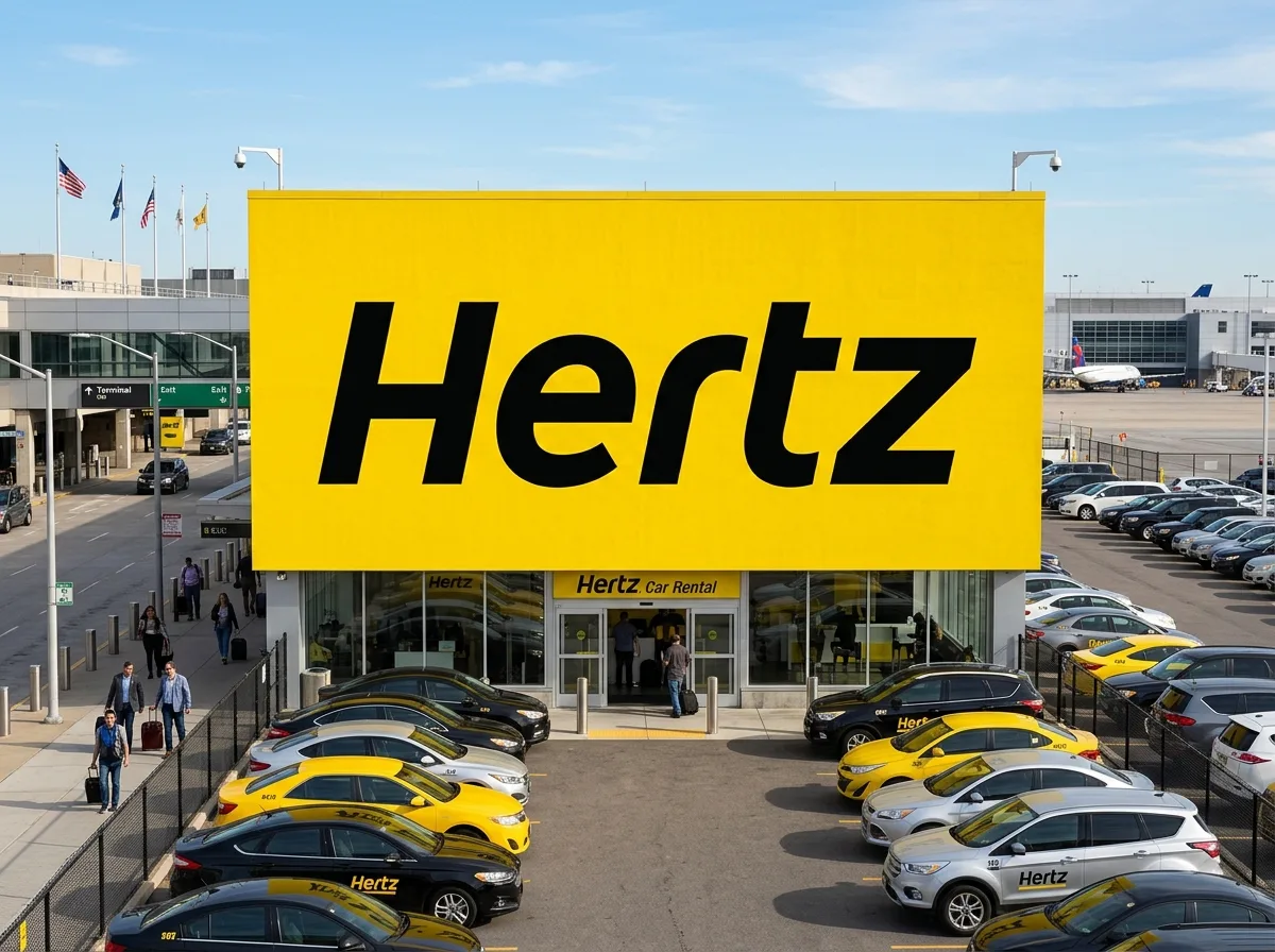 Hertz car rental logo, bright yellow background with black serif text, iconic brand identity